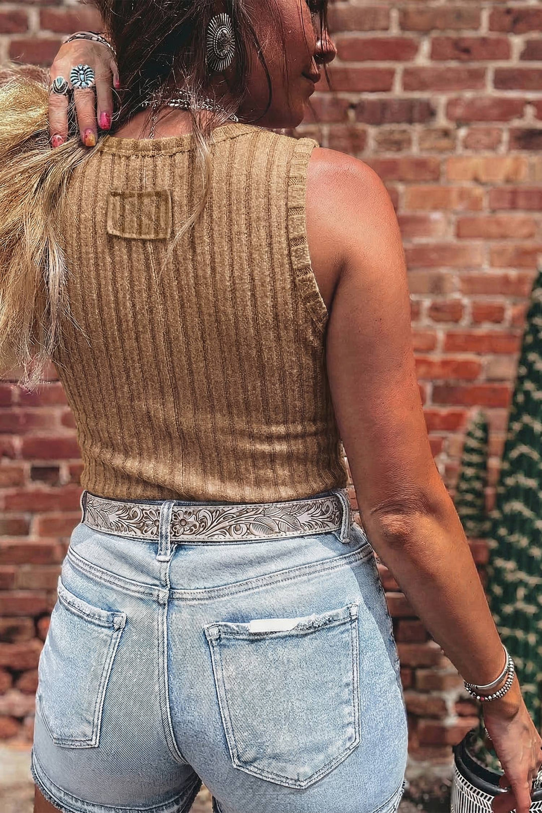 Western Solid Slim Ribbed Mineral Wash Tank Top