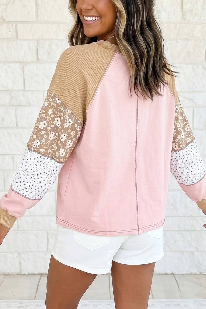 Color Block Floral Waffle Mixed Patchwork Long Sleeve Top