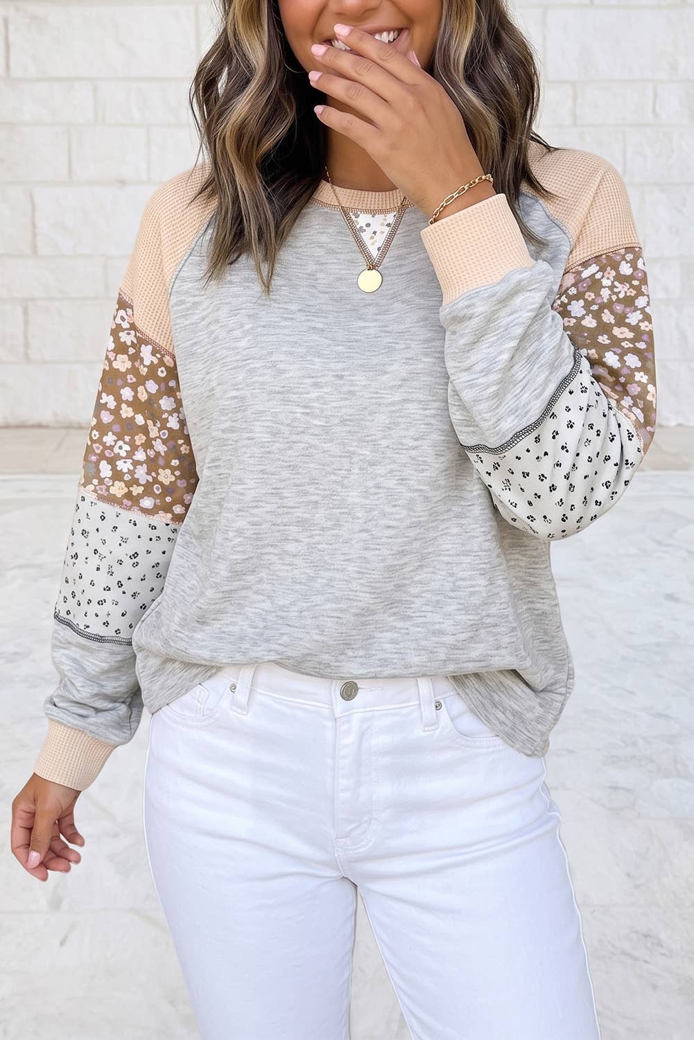 Color Block Floral Waffle Mixed Patchwork Long Sleeve Top