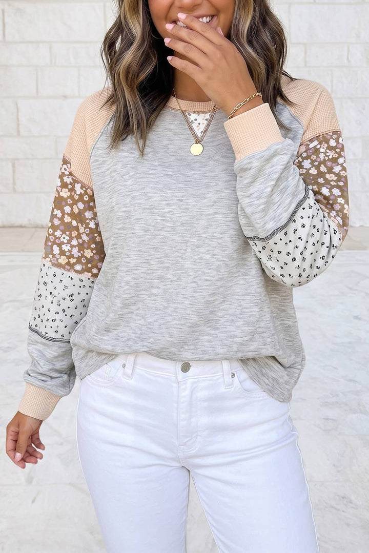 Color Block Floral Waffle Mixed Patchwork Long Sleeve Top