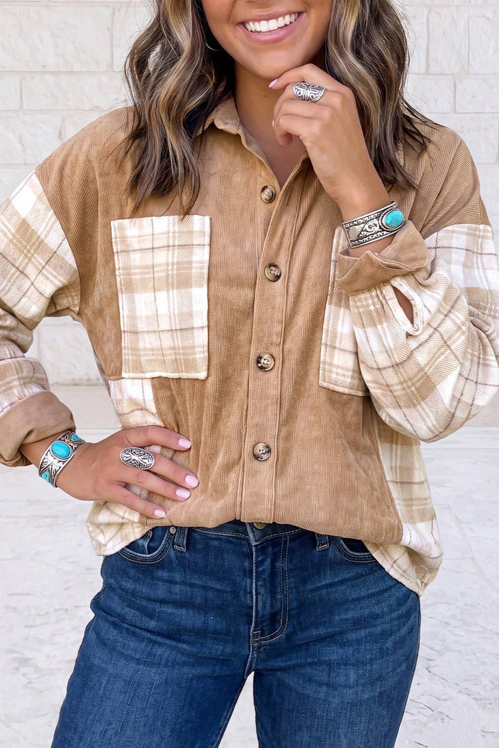 Plaid Colorblock Shirt Collar Shift Shacket