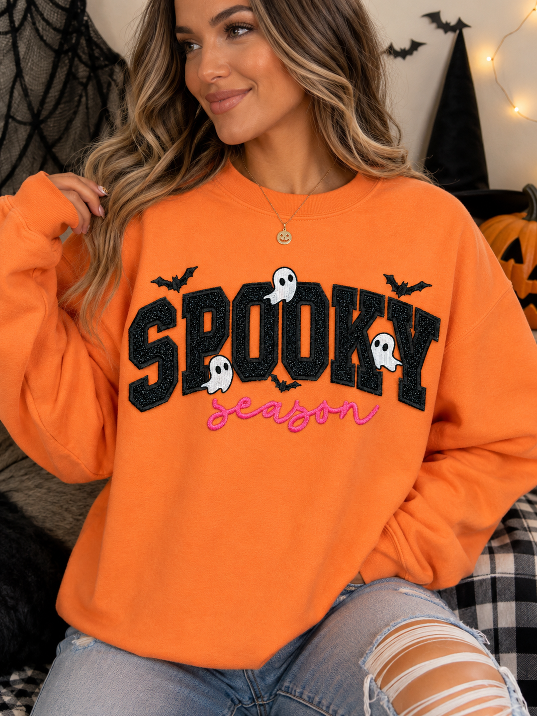 Spooky Season Embroidered Sweater (Orange)