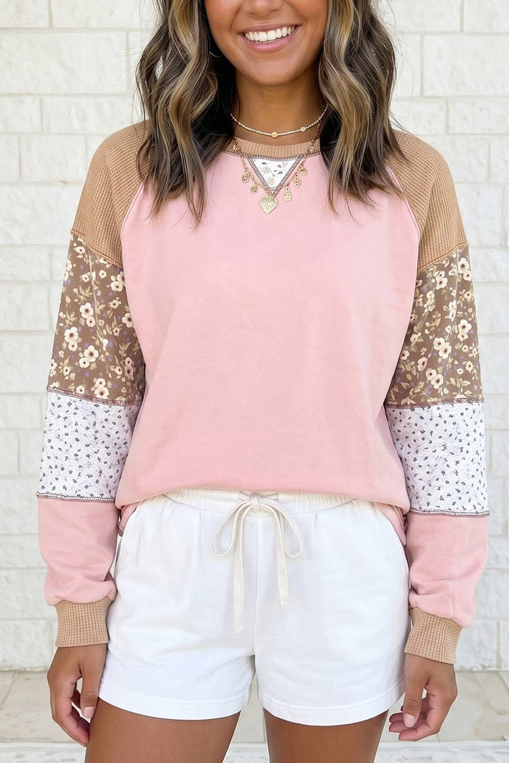 Color Block Floral Waffle Mixed Patchwork Long Sleeve Top