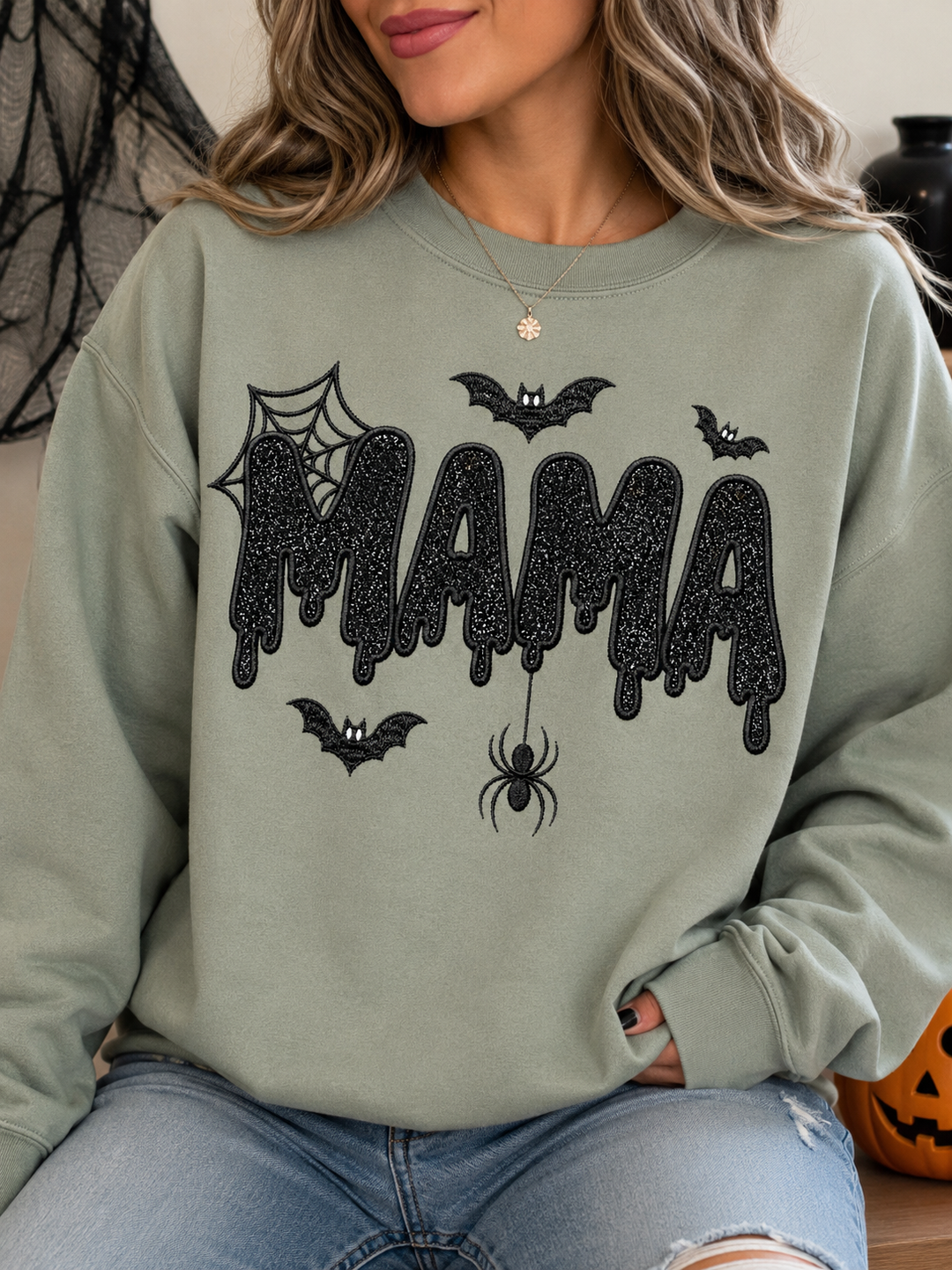 Halloween Dripping Mama Embroidered Sweater (black)