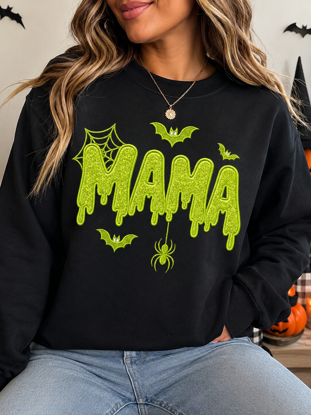 Halloween Dripping Mama Embroidered Sweater (Green)