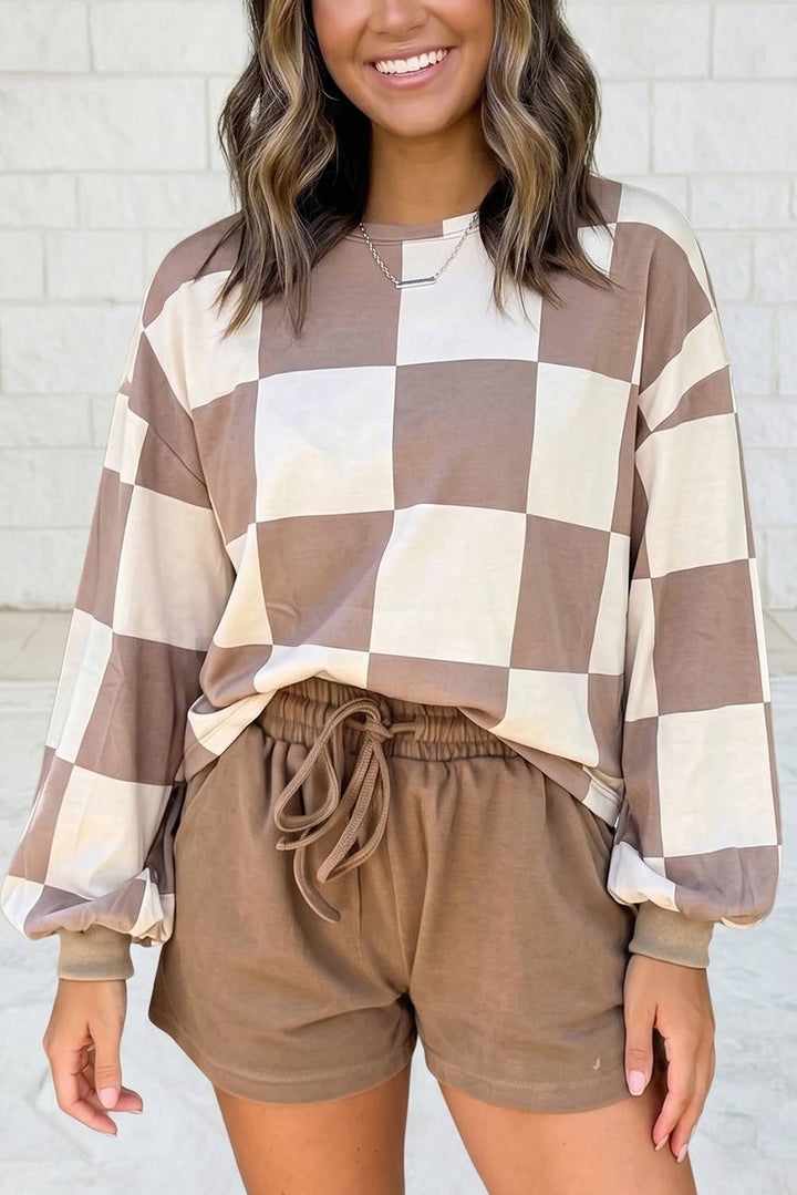 Plaid Long Sleeve Two Piece Set Shift Pantsuit